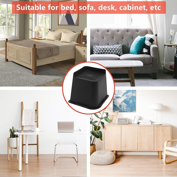 8 Pack Bed Risers 5 inch Heavy Duty, Oversized Furniture Risers, Black Bed Lifts Risers for Table, Sofa, Chair, Couch, Desk, Bed Frame Risers Supports Up to 6,500 Lbs