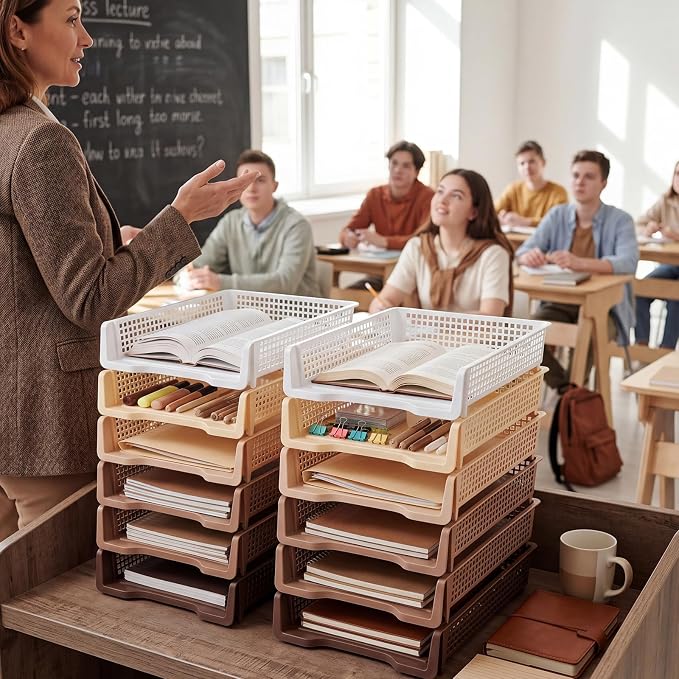 Geetery Set of 6 Plastic Trays for Teachers Turn in Trays Classroom Stackable Paper Tray Plastic Classroom Teachers Desk Letter Organizer Storage Baskets for Office, Desk, Home (Gradient Brown)