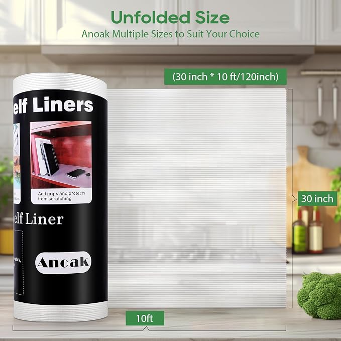 Anoak Shelf Liner - Non-Slip Cabinet Liner, 30 Inch x 10 FT(120 Inch) Durable Waterproof Washable Oil-Proof for Kitchen Cabinet, Shelves, Refrigerator, Storage, Desks, Non Adhesive