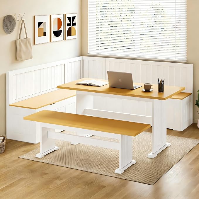 Breakfast Nook Corner Table Set, L-Shaped Corner Dining Set with Hidden Storage Bench, 3 Piece Kitchen Corner Bench Set with Cushion, Flip Top Entryway Bench, Space Saving Reversible, White