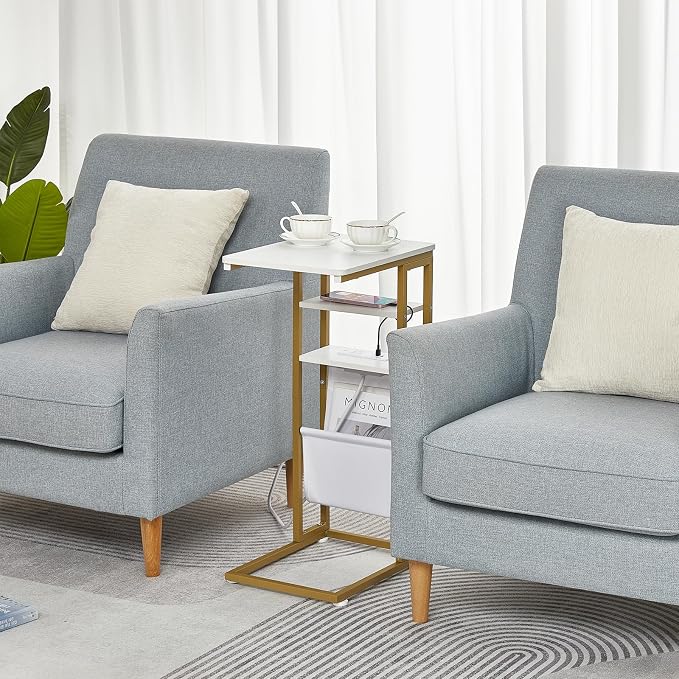 C Shaped End Table with Charging Station, 28"(H) 3-Tier C Table with Storage Bag, Under Couch Table C-Shaped End Table with Storage Shelves and Bag for Living Room, Bedroom, or Office