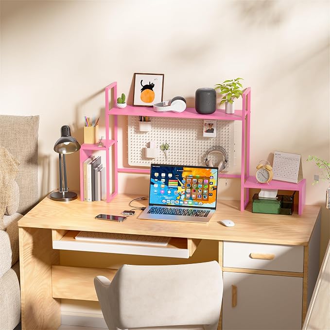 WelFurGeer LED Desk Shelf Organizer with RGB Light Strip, 2-Tier Desktop Shelf for Computer Monitor, Sturdy Metal Frame & Wood Shelves - Desk Hutch Bookshelf for Home Office, Dorm, Gaming Setup (Pink)