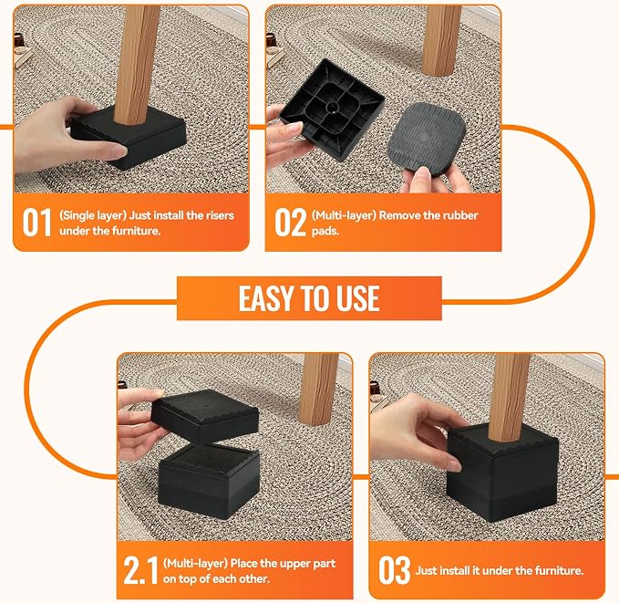Furniture Risers Heavy Duty Adjustable Bed Risers Blocks Lift 4, 3, 2 inches for Couch, Sofa, Table, Desk, Chair Legs, Refrigerator, Washing Machine Support up to 4000 pounds (Black 4 Pack, 3 inch)