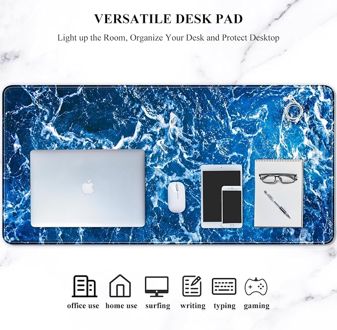 Auhoahsil Large Mouse Pad, XXL Desk Pad, Extened 35" x 15", Non-Slip Rubber Base, Stitched Edges, Superior Surface, Waterproof Keyboard Mat, Large Mousepad for Gamer, Office & Home, Beautiful Ocean