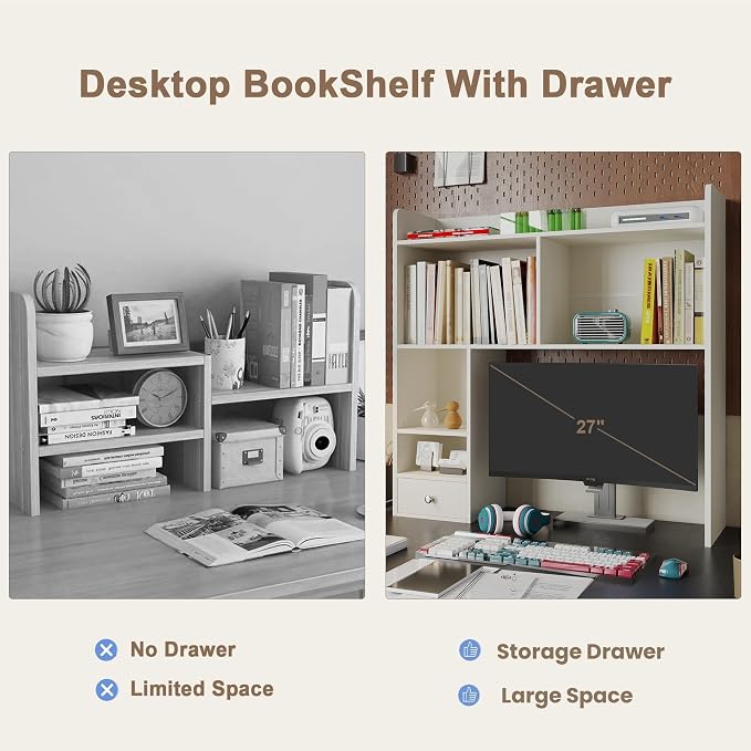 ChooChoo Desktop Bookshelf with Lights, 36.4" Tall Countertop Desk Hutch with 5 Shelves and 1 Drawer for Computer Desk, Desk Shelf Organizer for Dorm Office Home,White