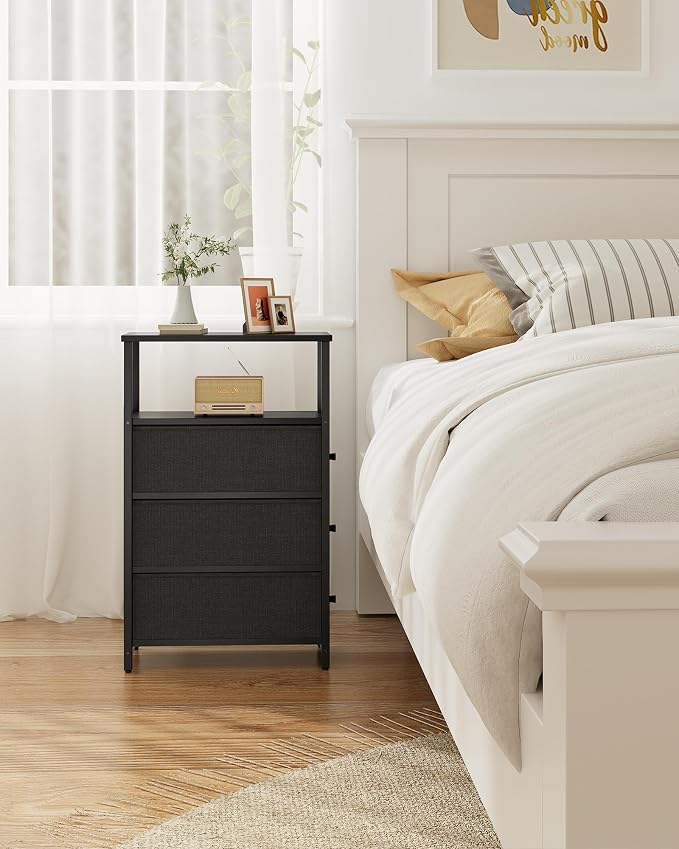 TUTOTAK Narrow Night Stand, Slim End Table, Tall Side Table with 3 Fabric Drawer, Small Bedside Table with Storage, Set of 2, for Living Room, Bedroom, Black TB01BK072