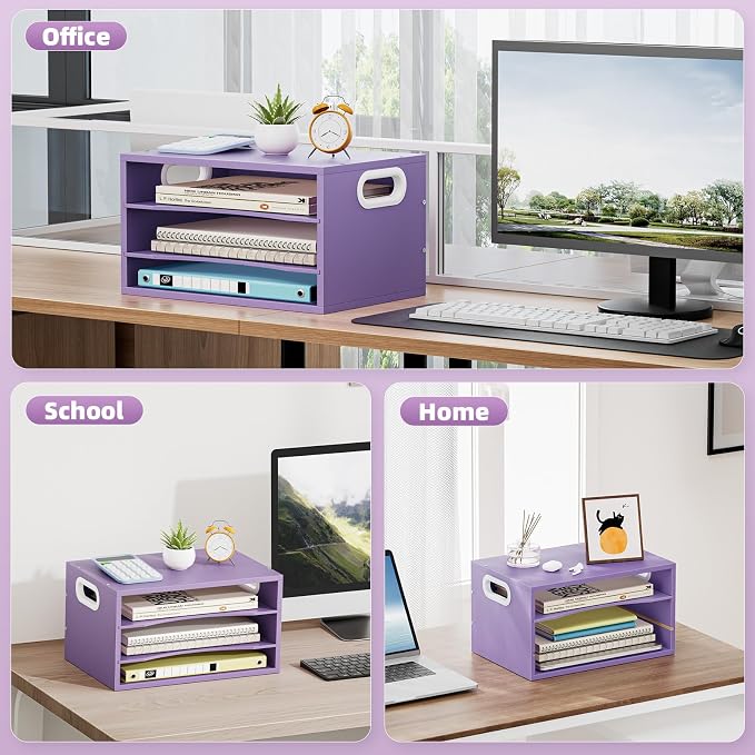 Marbrasse 3 Tier Wood Desk Organizer, Paper Letter Tray Organizer for Desk,Wooden Desktop File Organizer with Handle and Paper Sorter Mail Holder for Office School & Home Supplies Organization-Purple