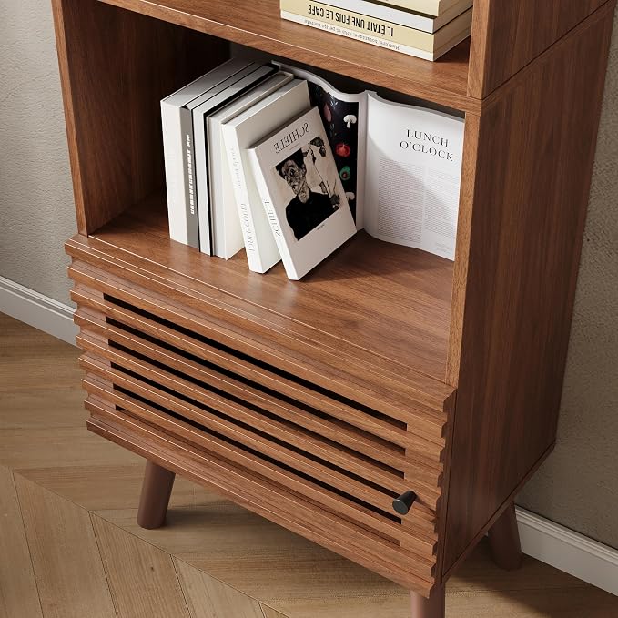 Furnify Small Narrow Corner Bookcase, 55" H Mid Century Modern Bookshelf with Slatted Door, 4 Cube Bookcase with Open Shelf, Display Storage Cabinet for Living Room, Home Office, Walnut