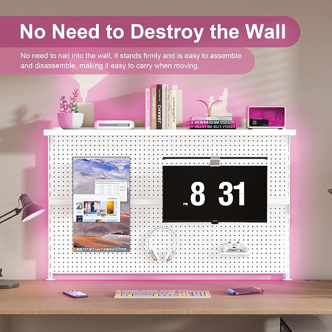 Clamp-On Metal Desk Pegboard with Dual Monitor Stand–No Drilling Needed! 59x35 Inch Steel Privacy Panel with Hooks & Movable Partition, Peg Board Wall Organizer for Gaming & Office