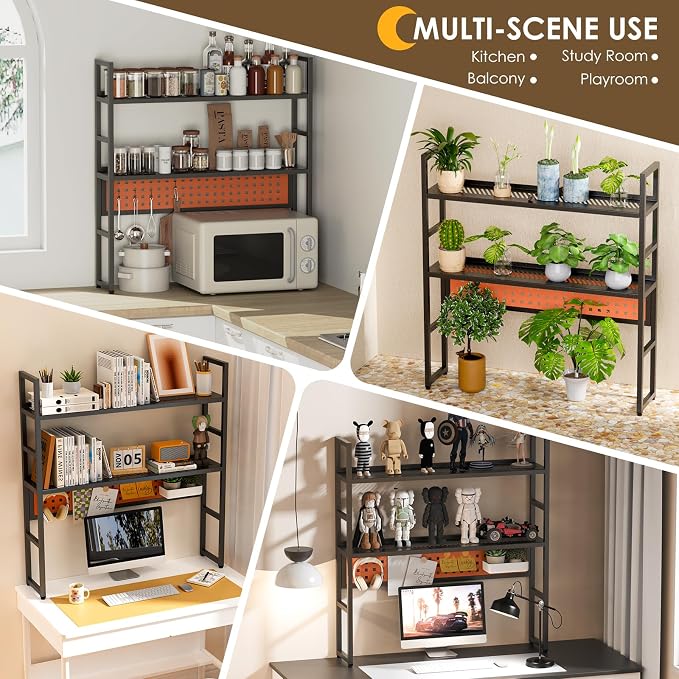Brakki Desk Shelf, Desk Hutch Bookshelf, Desktop Shelf with Pegboard, Black | L35.43", 2 Tier Bookcase, for Computer Monitor, Metal Desktop Hutch, Storage Organizer for Dorm Home Office