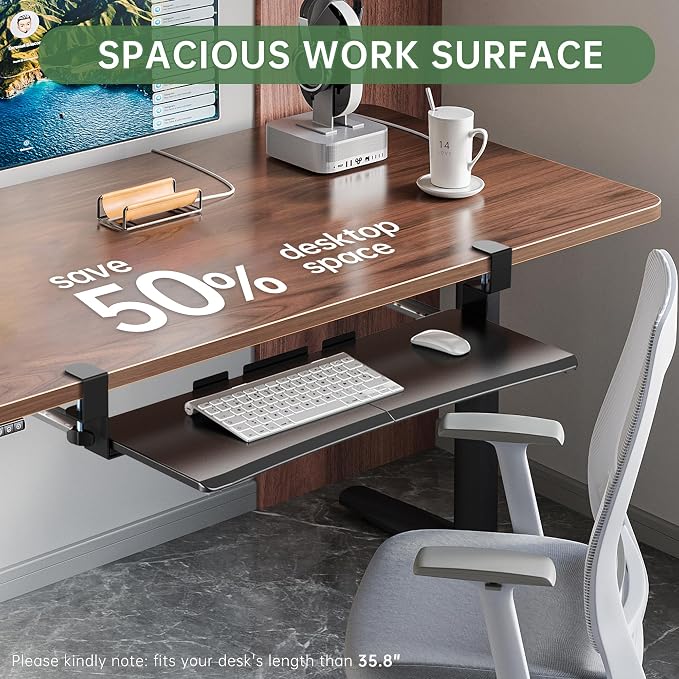 UPGRAVITY Extra Large Keyboard Tray Under Desk - Slide Out with Sturdy C-Clip Mount System, 31.5" (35.8" Including Clamps) x 11.8" Put-Out Keyboard Tray Computer Drawer for Ergonomic Typing, Black
