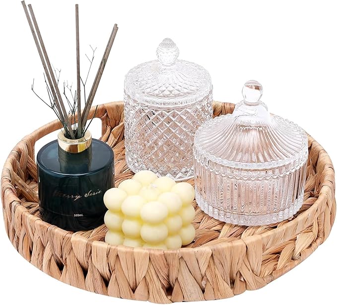 Round Woven Coffee Table Ottoman Tray with Handles - 11.8" x 1.9" Water Hyacinth Wicker Serving Tray, Decorative Storage Basket for Home & Kitchen.