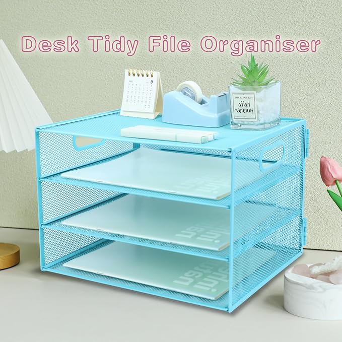 3 Tier Lettrer Tray Organizer, Metal Mesh Desk File Organizer with Sliding Trays, Paper Sorter Desk Organizer for Home Office School, Blue