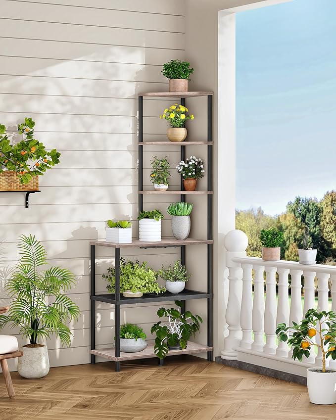 CHOEZON 6-Tier Corner Shelf, Industrial Corner Bookshelf with Desk Top, Diamond-Shaped Storage Shelves, Display Stand for Small Spaces, Living Room, Home Office, Foyer, Greige and Black TCJ70BG