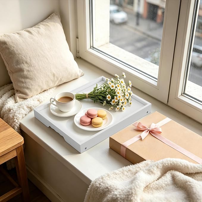 Large Breakfast Tray with Folding Legs Set of 2, 16.9" x 12.2" Bamboo Bed Tray Table with Ergonomic Wave Handles, Foldable TV Dinner Tray for Bed Couch Sofa, Breakfast, Laptop, Coffee,White