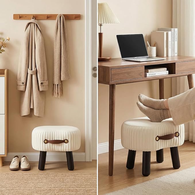 Foot Stools Small, White Ottomon with Handle, Velvet Footrest | Curved Foot Stool with Padded Seat Wooden Legs, Portable Foot Rest for Living Room, Bedroom, Entryway (White)