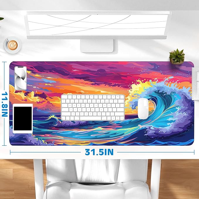 Gaming Desk Mat with Silky Smooth Surface & Exquisite Patterns,31.5x11.8 Inches Large-Sized Mouse Pad, Perfect for Extended Gaming,Work,and Home Office Decor (Japanese Waves 3)