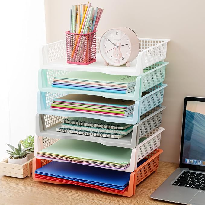 Teenyyou Set of 12 Colorful Turn in Trays Classroom Plastic Stackable Paper Tray Classroom Teachers Desk Organizer Bin for Office Home Teachers Organization and Storage, 9 x 13 x 3 Inches(Boho)