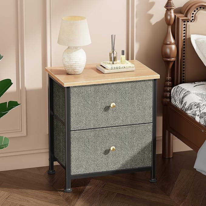 DUMOS Night Stands Set of 2, Bedside Table for Bedroom, Small Dresser | Side/End Table with 2 Fabric Drawers, Storage Cabinet Furniture, 20 Inch Night Stand for Closet, Entryway, Ink Green 2Pack