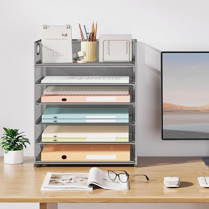 Subekyu 6 Tier Paper Organizer for Desk with Handle, Metal Mesh Desk Office File Folder Paper Letter Tray Accessories Organizer Sorter for Home, School, Office Desktop Document Organization - Silver
