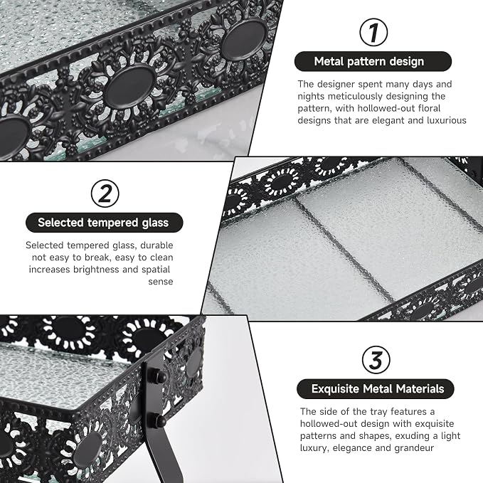 xiaojuande-Two Layer Glass Storage Tray with Portable Dressing Table Skin Care Product Organization Rack Corner Storage Rack for Bathroom Counter High-end Light - (Black)