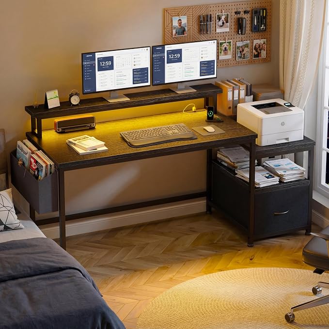 EnHomee 56.5" Black Computer Desk with File Drawers and Printer Space,Office Desk with Power Outlets and Monitor Stand,Gaming Desk,Study Desk, Writing Desk, Bedroom Desk