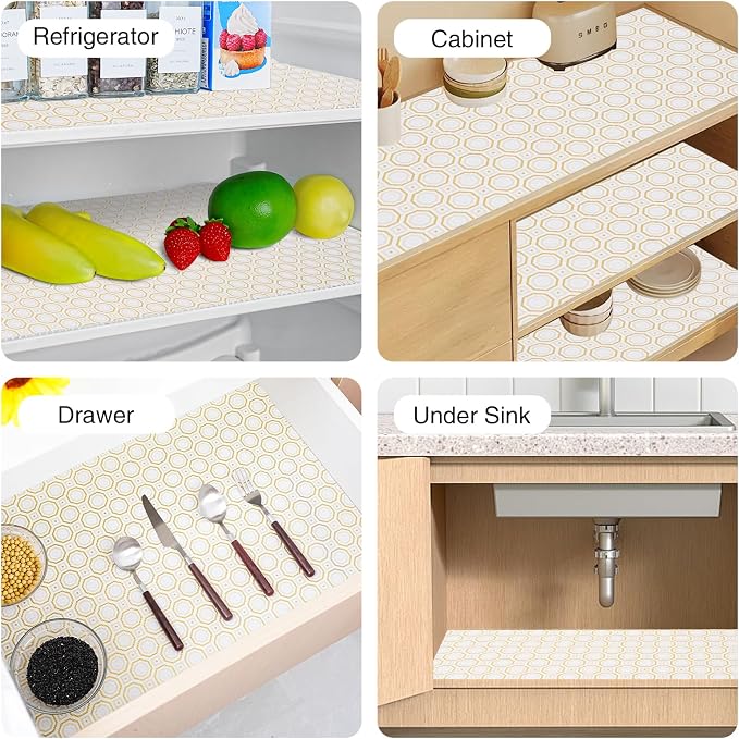 Drawer and Shelf Liner for Kitchen Cabinet,Non-Adhesive Cabinet Liner 12in x 20FT,Waterproof Shelf Paper Non-Slip Mats Cupboard Liners Contact Protect Dresser/Shelves/Table-Gold Octagonal