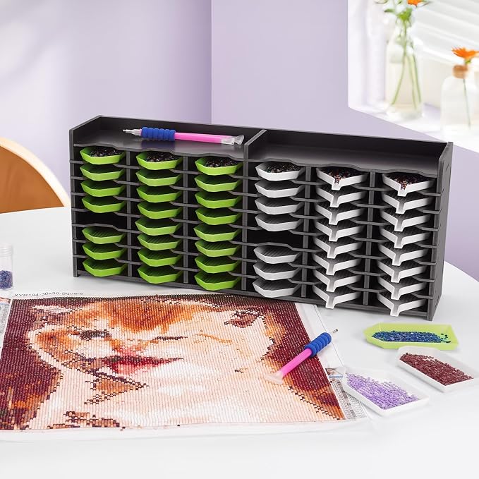 Krafetto 48 Grids Diamond Painting Tray Storage Holder Drill Pen & Multi-Boat Tray Organizer Rack Art Diamond Painting Accessories Kits, for Small Size Trays, Black