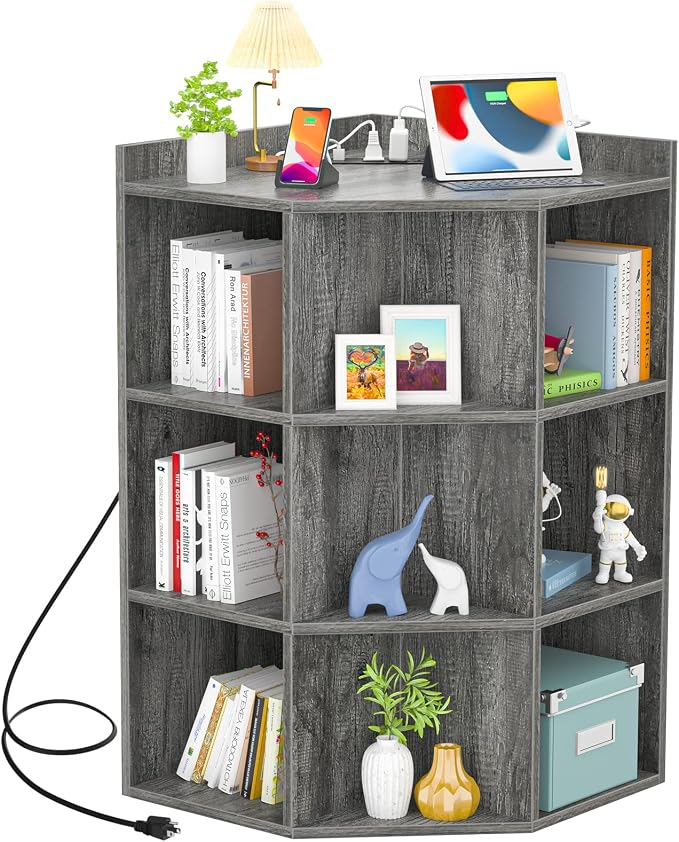 Aheaplus Corner Cabinet, Corner Storage with USB Ports and Outlets, Corner Cube Toy Storage for Small Space, Wooden Cubby Bookshelf with 9 Cubes for Playroom, Bedroom, Living Room, Grey Oak