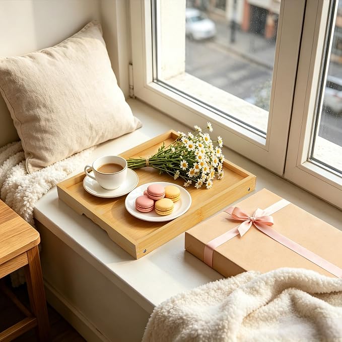 Breakfast Tray with Folding Legs Set of 2, Bamboo Bed Tray Table 15.7" Foldable TV Dinner Tray with Ergonomic Wave Handles for Bed Couch Sofa, Breakfast, Snacks, Coffee, Natural