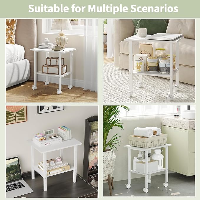 2 Tier Printer Stand with Storage, Under Desk Printer Table, Space-Saving Printer Table with Locking Wheels, Rolling Printer Cart for Home Office, White