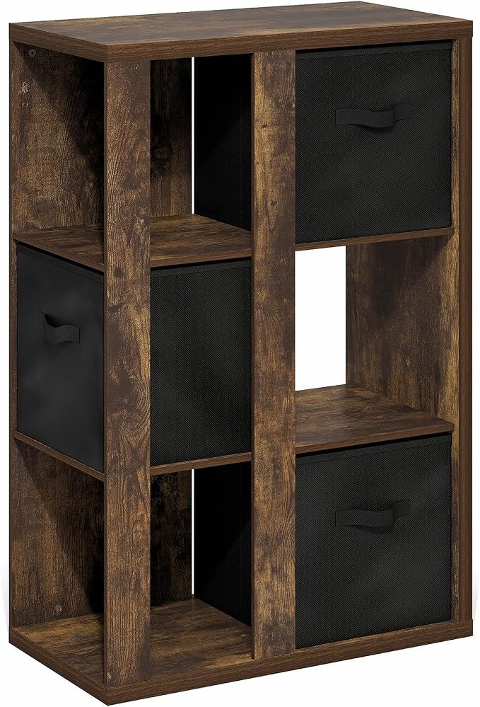 Furinno Viola Book Shelf, 3-Tier Bookshelf, Cube Storage Organizer Bookcase with Open Shelf, with Storage Bins, 13.6 x 29.3 x 43.8, for Living Room, Bedroom, Home Office, Amber Pine/Black