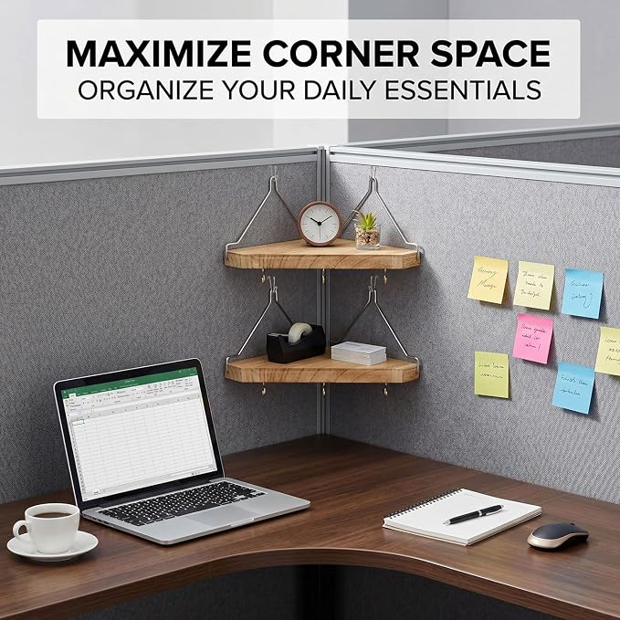 Fabric Wall Cubicle Corner Shelf with Hooks for Work Decor, Wooden Cubicle Organizer Storage Shelf with Hangers Cubicle Accessories for Women Men Desk, 2 Pack