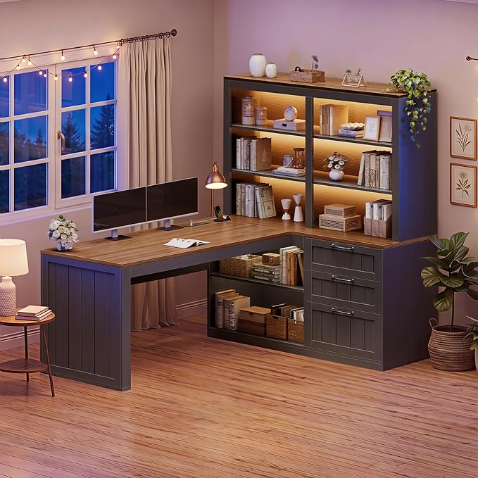 SEDETA Farmhouse L Shaped Computer Desk, 59'' Wood Office Desk with 3 Drawers and 5-Tier Bookshelf, Corner Desk with Storage Shelves and Power Outlet for Home Office Small Space, Black + Brown