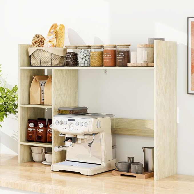 FTZxHKLX Desktop Bookshelf, 37.4’’ Wooden Desk Storage Hutch with 3 Shelves,4 Tier Multipurpose Display Shelf with Storage, Wooden Desk Shelf Organizer for Computer Desk, College Dorm, Office, Home