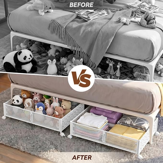 Under Bed Storage, Under the Bed Storage Containers with Wheels, Under Bed Shoe Storage Organizer Drawer, Tool-free Assembly Metal Underbed Storage for Bedroom Clothes Shoes Blankets-2 Pack White