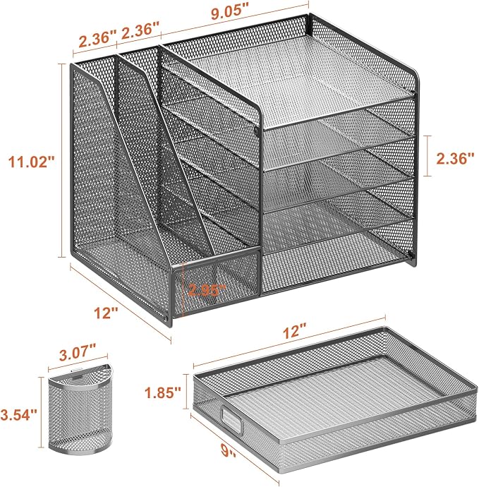 Marbrasse 5-Tier Paper Letter Tray Organizer with Drawer and Pen Holder, Mesh Desktop Organizer and Storage with Magazine Holder for Office Supplies (Grey)