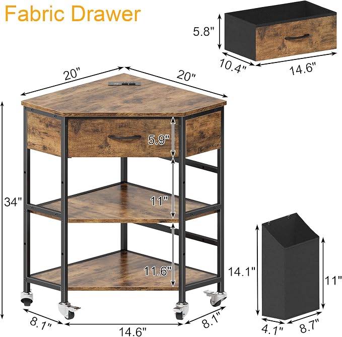 YAOHUOO Corner Printer Stand, Corner Table with Power Outlet/Storage Fabric Drawer,Printer Cart for Home Office with Height Adjustable Shelf/Side Pocket, Rustic Brown
