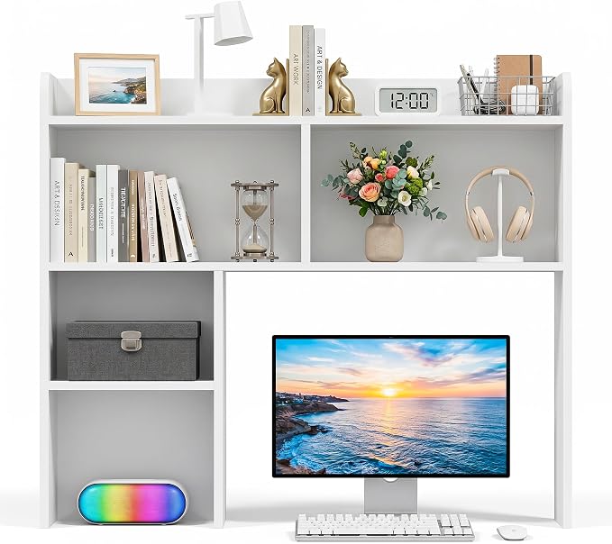 SUPER DEAL Desktop Bookshelf, Countertop Storage Hutch with 3 Shelves for Computer Desk, 2-Tier Display Rack, Multipurpose Wood Desk Hutch Storage Organizer for Home Office Dorm, White