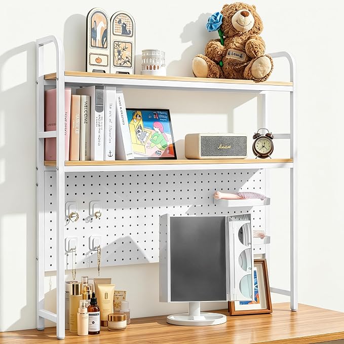deli Desktop Shelf, Desk Hutch with Grid Panel, Desktop 2-Tier Display Rack, Multipurpose Metal Desktop Bookshelf Storage Organizer, White