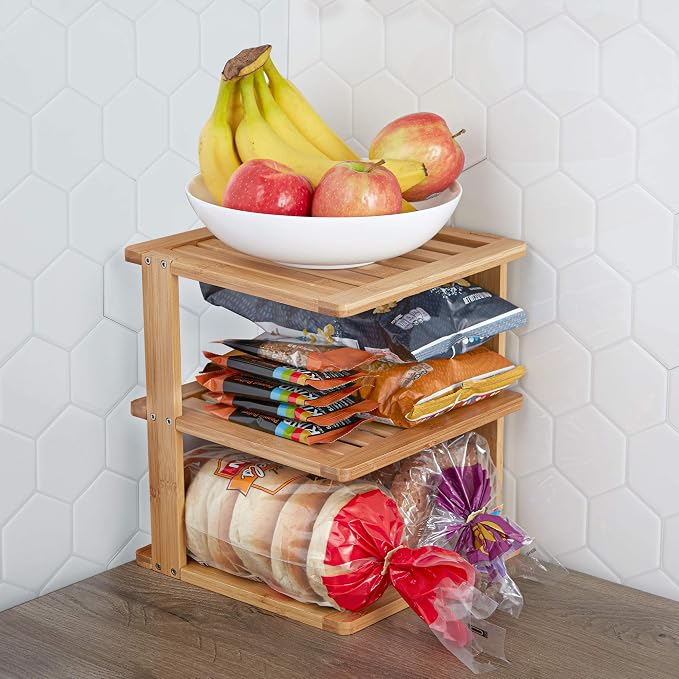 Bamboo Corner Shelf - 3 Tier 10 x 10 inch and 11.5 inches high. Kitchen Cabinet Organizer - Pantry Organization and Storage - Bathroom Countertop Shelves