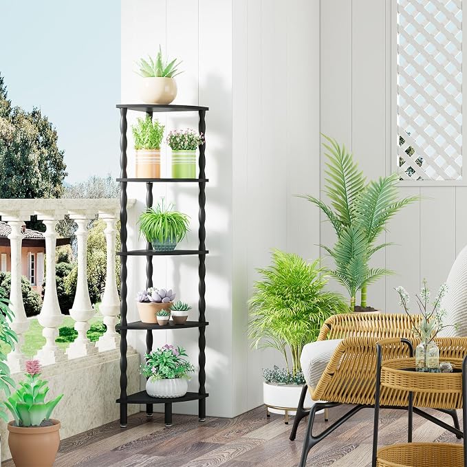 IBUYKE 5-Tier Corner Shelf,Stylish Corner Bookshelf for Small Spaces,Industrial Corner Storage Display Shelves,Small Corner Table for Bedroom,Bathroom,Kitchen, Black WBC020B