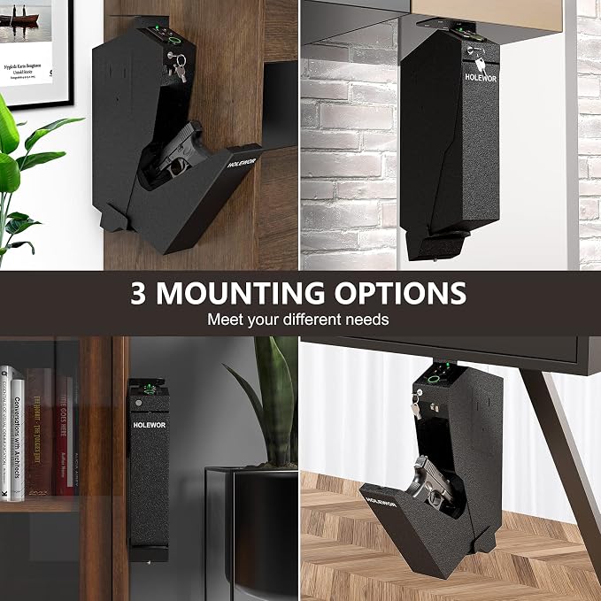 HOLEWOR Gun Safe, Biometric Gun Safe for Handgun Drop Down Pistol Safe Mounted Single Handgun Safe with Fingerprint, Passcode, Key Access for Nightstand, Desk, Bedside