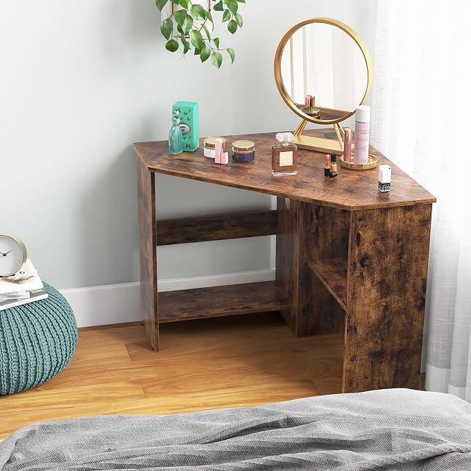 LDAILY Moccha Corner Desk, Space-Saving Triangle Computer Desk with Storage Shelves and Cable Holes, Multi-Functional Makeup Vanity Table for Bedroom, Writing Desk for Small Spaces Office Bedroom