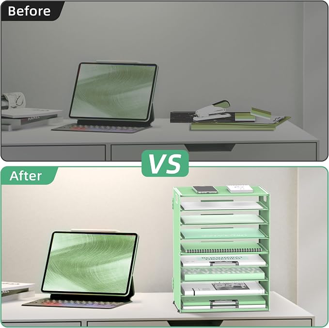 DALTACK 9-Tier Paper Organizer for Desk, Mesh Letter Tray Desk Organizer with Handles, Space-Saving File Organizer for Office Home School Classroom, Mint Green, 2 Pack