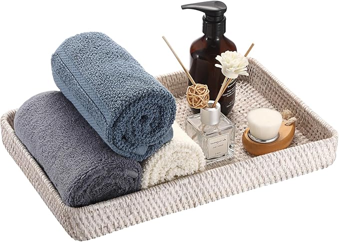 Hipiwe Rattan Serving Tray Whitewash Decorative Woven Trays for Organizing Bread Fruit Basket Rectangular Desktop Organizer for Kitchen Bathroom, 14.8" x 9" x 1.8"