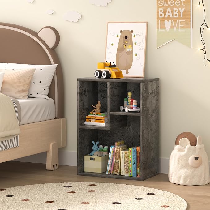 VECELO 15.7" Open Bookshelf, Waterproof Particle Board Asymmetrical Split Cubby Storage Organizer, Gray Uneven Compartment Display Cube for Tall Books, Bedroom Dorm Office
