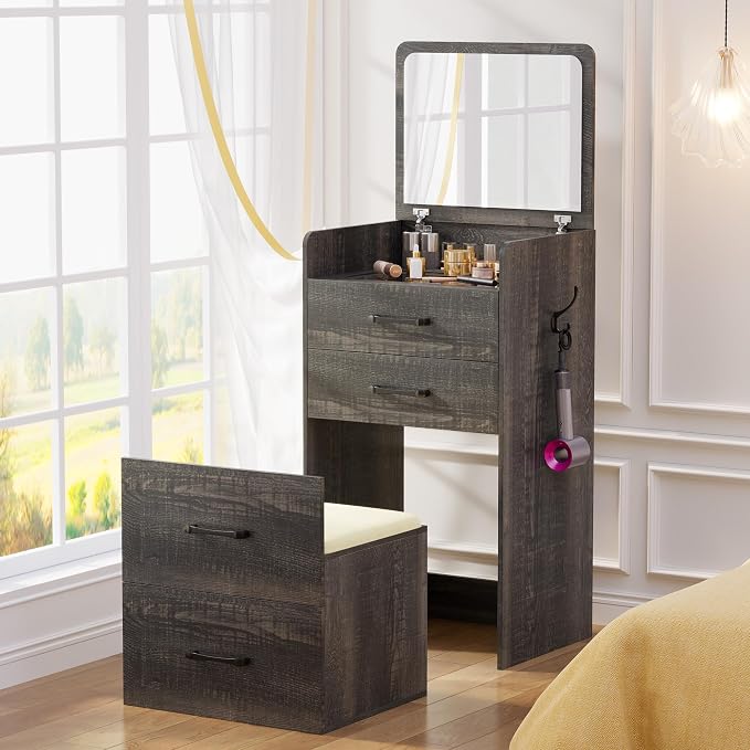 Gurexl 3 in 1 Vanity Desk with Flip Top Mirror,Small Compact Vanity with Visible Glass Desktop,Makeup Vanity Set with 3 Drawers,Cushioned Stool,Dressing Table for Bedroom,Rustic