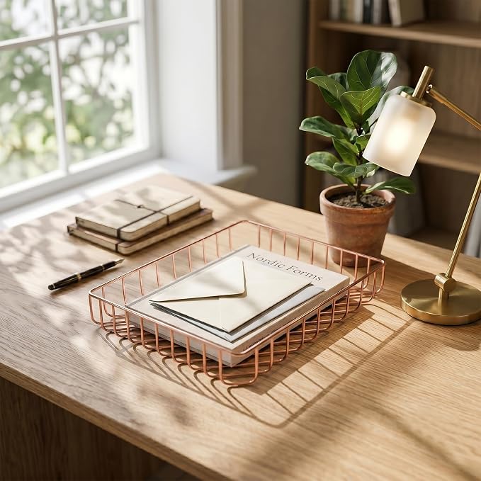 Elegant Gold Wire Desk Tray Organizer - Multipurpose A4 Letter Size File Tray, Premium Metal Mesh Document & Magazine Holder, Luxury Storage Basket for Office, Vanity, & Bathroom, Rose Gold