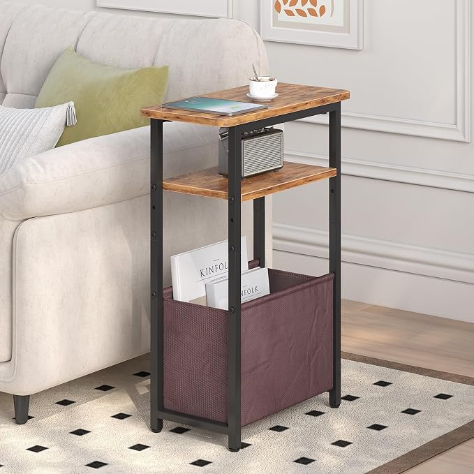 sthmec Narrow Side Table Set of 2, Skinny End Tables with Fabric Basket, Small Side Tables for Small Space,2-Tier Open Shelves with Basket, Slim Nightstands Set 2 for Bedroom,Livinroom, Rustic Brown